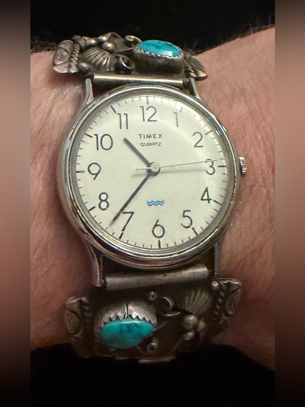 Nancy Davidson Navajo Sterling Silver Turquoise Coral Watch Cuff Timex Vintage